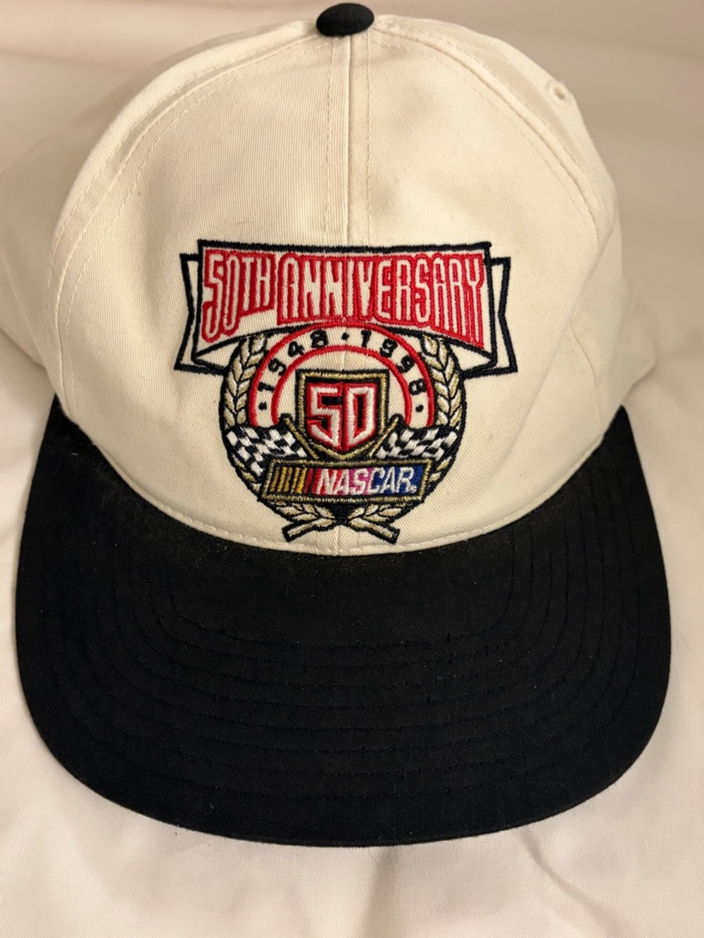 Vintage 1948-1998 Nascar 50th Anniversary Snapback Hat White Black Track Gear
